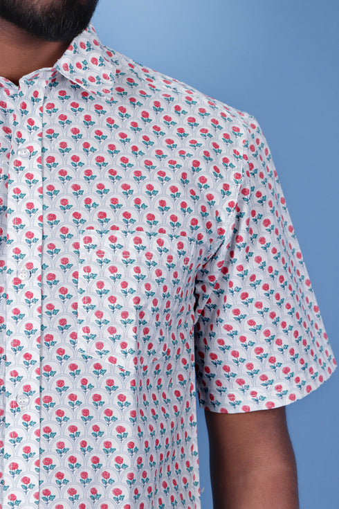 Slim Fit Cambric Cotton Men’s Half  Sleeved Shirt In Floral Print